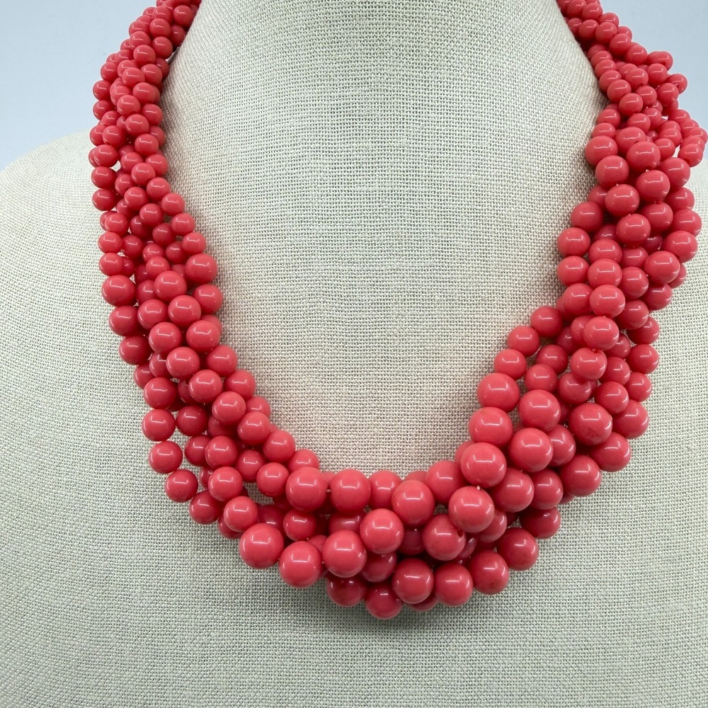 Chunky Coral Pink Bead Multi Strand Statement Necklace Layered Boho Jewelry